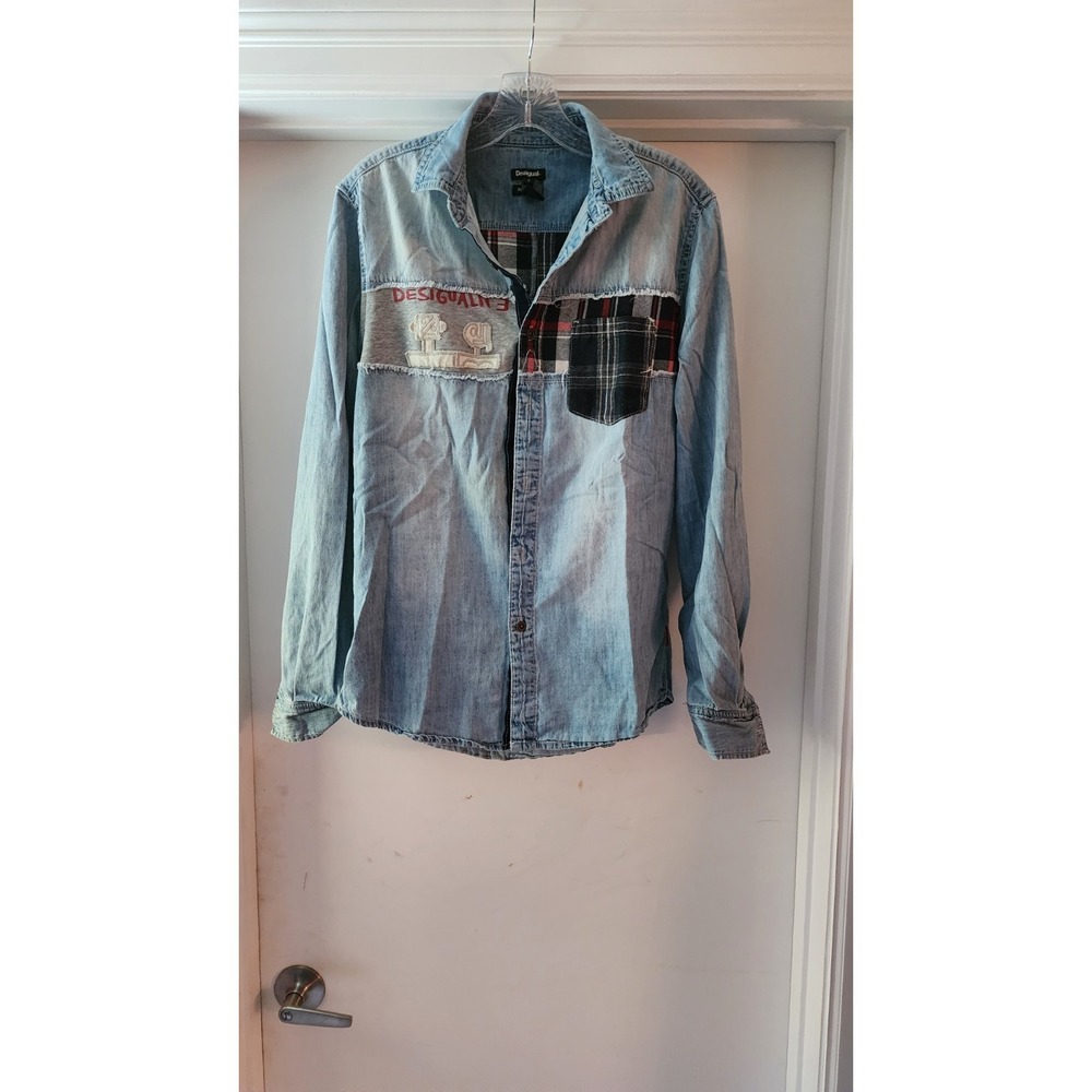 Desigual Mens Casual Shirt Size S Denim Cotton Patch A4 Long Sleeve Fit Mediim